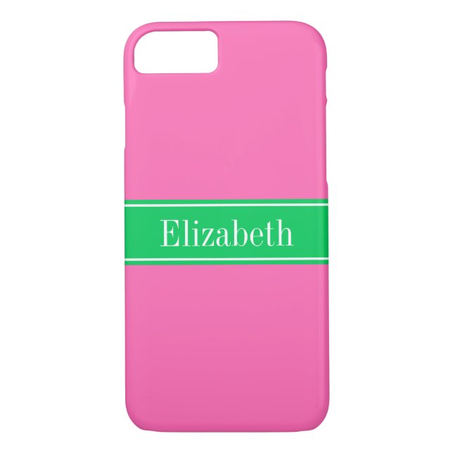 Solid Hot Pink #2 Emerald Green Rbn Name Monogram Case-Mate iPhone Case (Back)