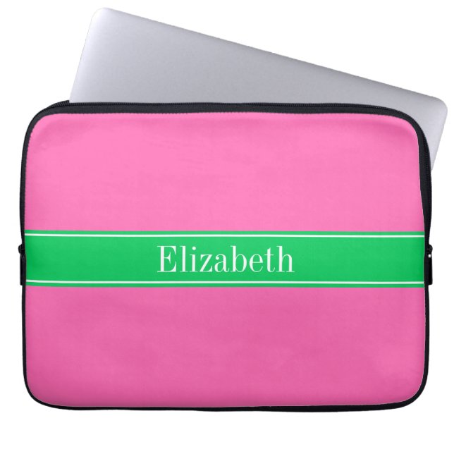 Solid Hot Pink #2 Emerald Green Rbn Name Monogram Laptop Sleeve (Front)