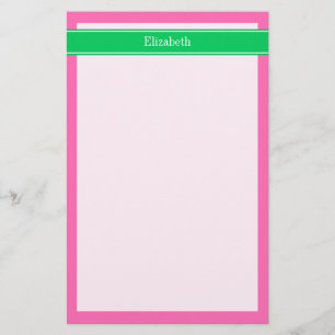 Solid Hot Pink #2 Emerald Green Rbn Name Monogram Stationery