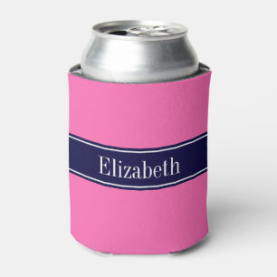 Solid Hot Pink #2, Navy Blue Ribbon Name Monogram Can Cooler