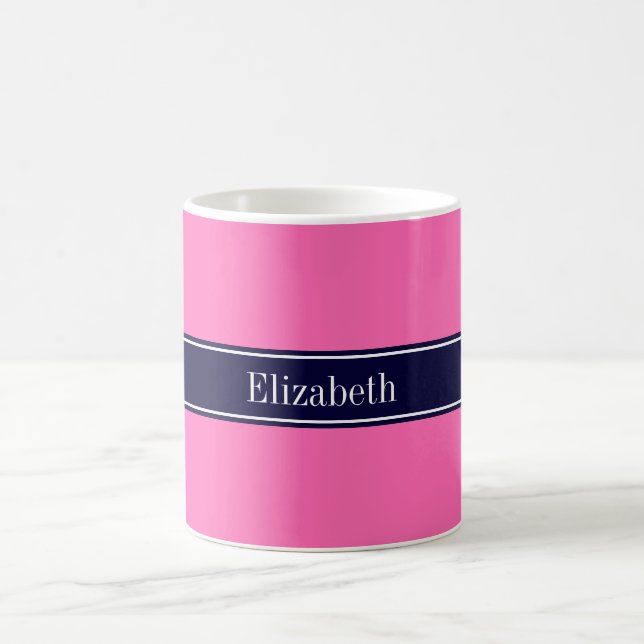 Solid Hot Pink #2, Navy Blue Ribbon Name Monogram Coffee Mug (Center)