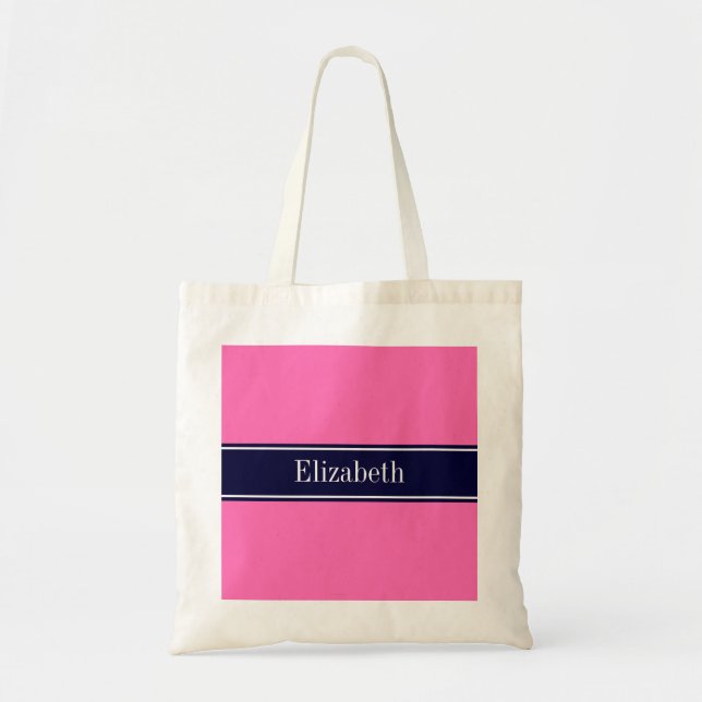 Solid Hot Pink #2, Navy Blue Ribbon Name Monogram Tote Bag (Front)