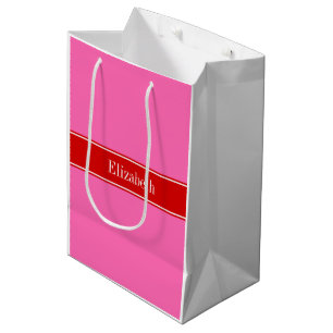 Solid Hot Pink #2 Red Rbn Name Monogram Medium Gift Bag