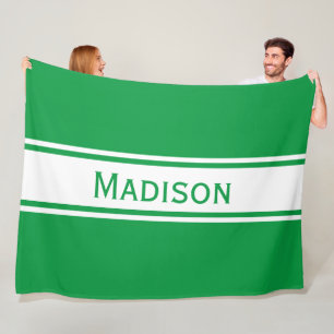 Solid Kelly Green White Stripes Modern Name Fleece Blanket