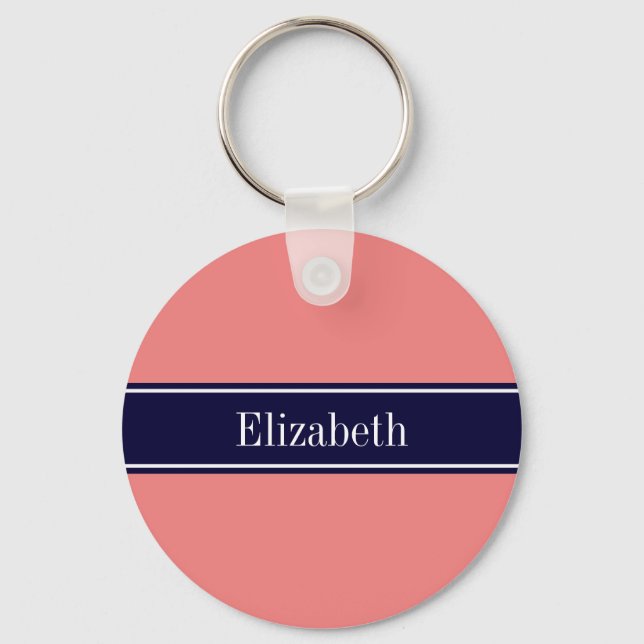 Solid Light Coral, Navy Blue Ribbon Name Monogram Key Ring (Front)