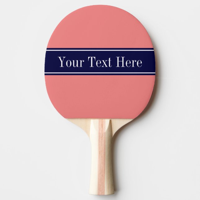 Solid Light Coral, Navy Blue Ribbon Name Monogram Ping Pong Paddle (Front)