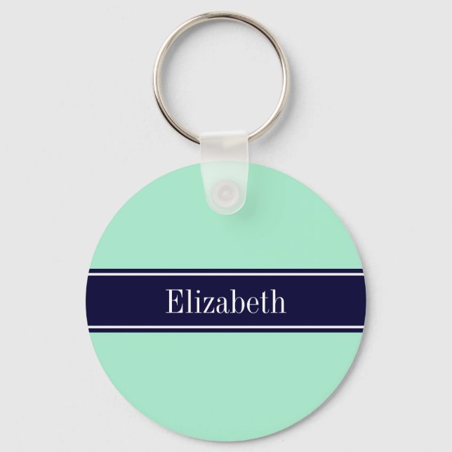 Solid Light Mint, Navy Blue Ribbon Name Monogram Key Ring (Front)