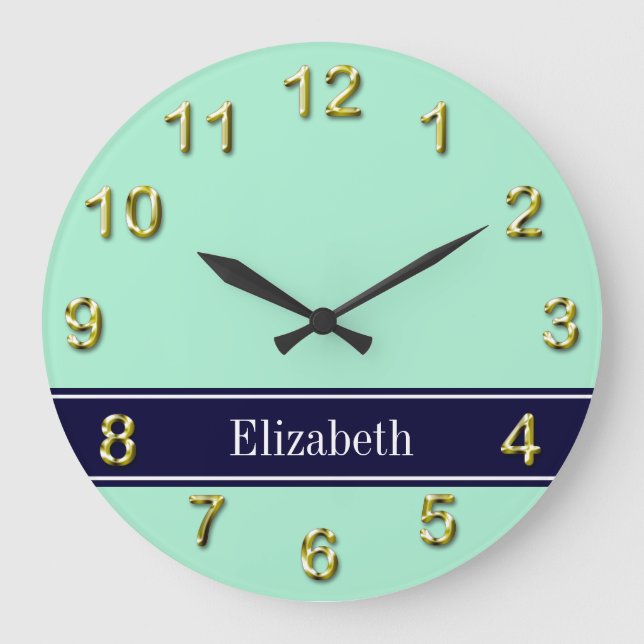 Solid Light Mint, Navy Blue Ribbon Name Monogram Large Clock (Front)
