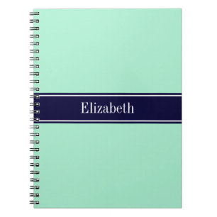 Solid Light Mint, Navy Blue Ribbon Name Monogram Notebook