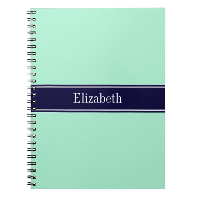 Solid Light Mint, Navy Blue Ribbon Name Monogram Notebook (Front)