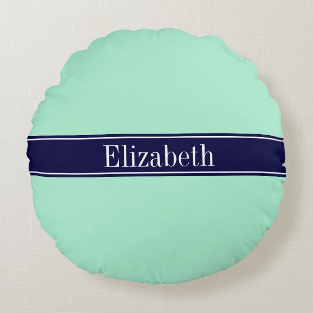 Solid Light Mint, Navy Blue Ribbon Name Monogram Round Cushion (Front)