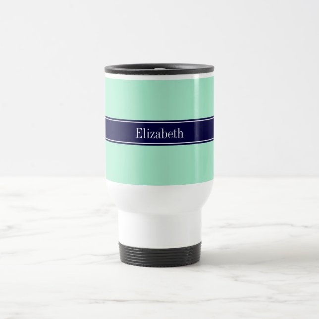 Solid Light Mint, Navy Blue Ribbon Name Monogram Travel Mug (Center)