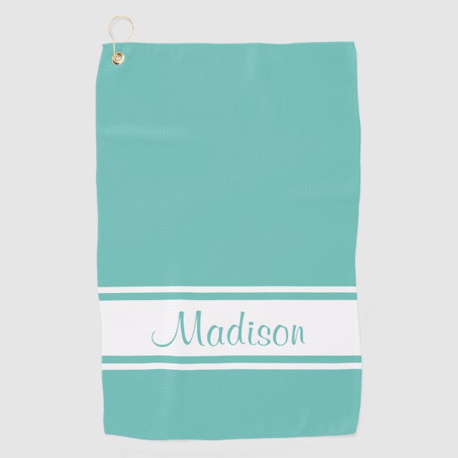 Solid Light Teal White Stripe Script Name Golf Towel (Front)