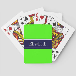 Solid Lime Green, Navy Blue Ribbon Name Monogram Playing Cards
