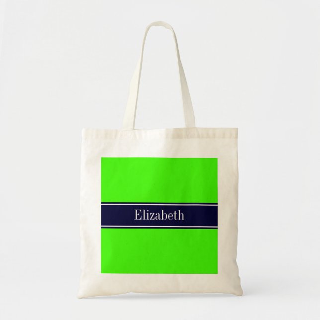 Solid Lime Green, Navy Blue Ribbon Name Monogram Tote Bag (Front)