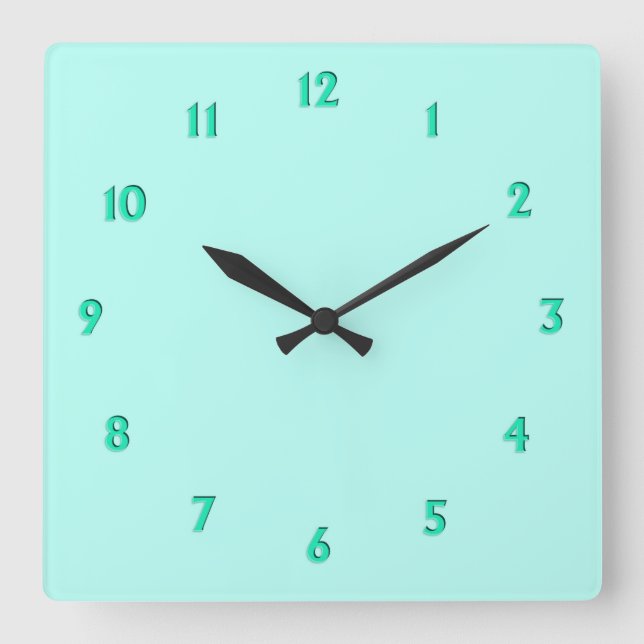 Solid Mint Green with Minty Numbers Square Wall Clock (Front)