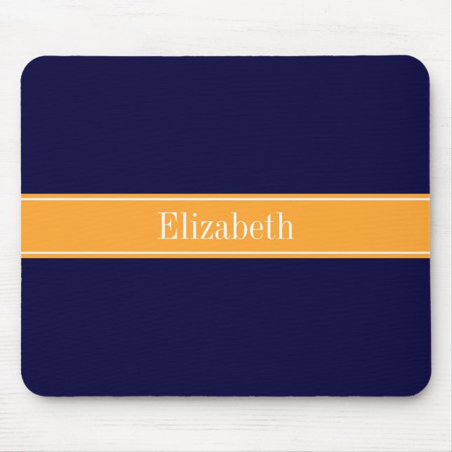 Solid Navy Blue, Cantaloupe Ribbon Name Monogram Mouse Pad (Front)