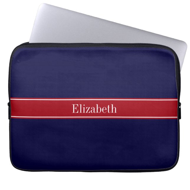 Solid Navy Blue Cranberry Red Ribbon Name Monogram Laptop Sleeve (Front)