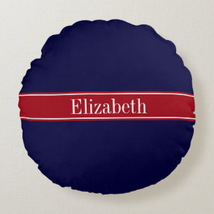 Solid Navy Blue Cranberry Red Ribbon Name Monogram Round Cushion