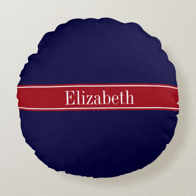 Solid Navy Blue Cranberry Red Ribbon Name Monogram Round Cushion (Front)