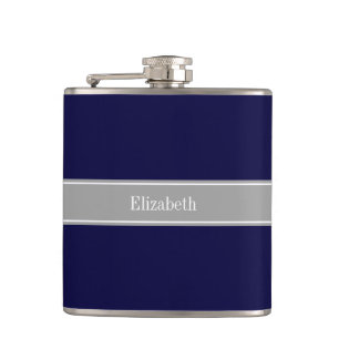 Solid Navy Blue, Dark Grey Ribbon Name Monogram Hip Flask