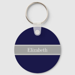 Solid Navy Blue, Dark Grey Ribbon Name Monogram Key Ring