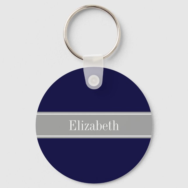 Solid Navy Blue, Dark Grey Ribbon Name Monogram Key Ring (Front)