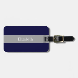 Solid Navy Blue, Dark Grey Ribbon Name Monogram Luggage Tag