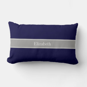 Solid Navy Blue, Dark Grey Ribbon Name Monogram Lumbar Cushion