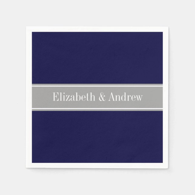 Solid Navy Blue, Dark Grey Ribbon Name Monogram Napkin (Front)