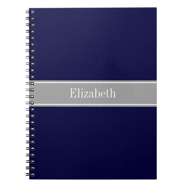 Solid Navy Blue, Dark Grey Ribbon Name Monogram Notebook (Front)