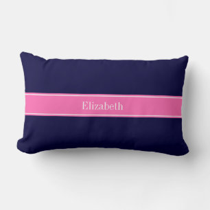 Solid Navy Blue Hot Pink #2 Ribbon Name Monogram Lumbar Cushion