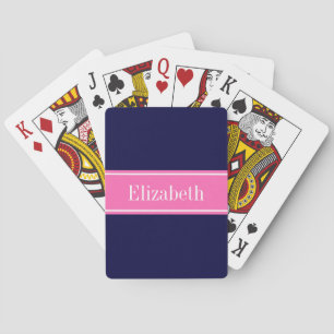 Solid Navy Blue Hot Pink #2 Ribbon Name Monogram Playing Cards