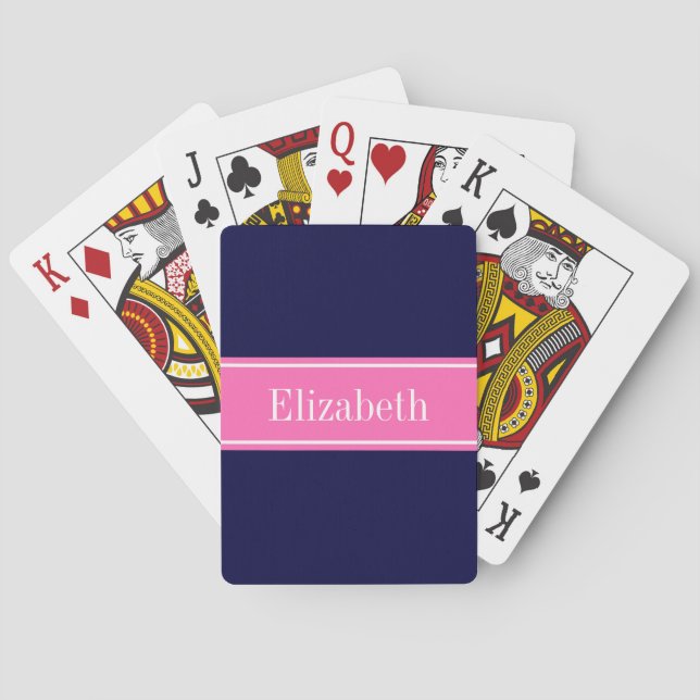 Solid Navy Blue Hot Pink #2 Ribbon Name Monogram Playing Cards (Back)