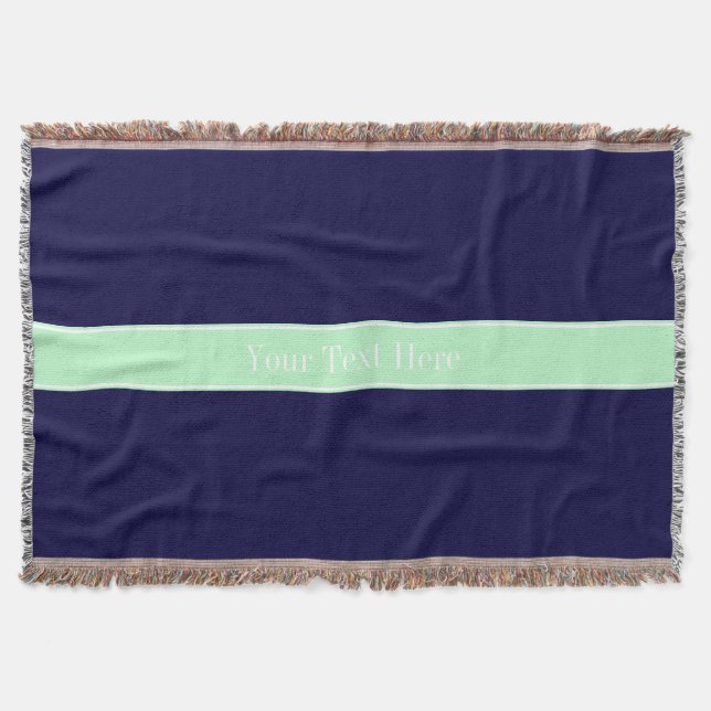 Solid Navy Blue, Mint Ribbon Name Monogram Throw Blanket (Front)