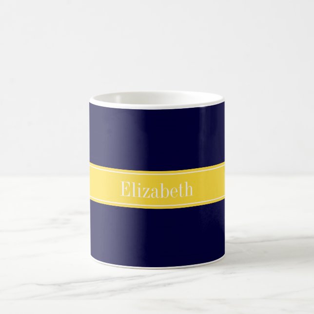 Solid Navy Blue, Pineapple Ribbon Name Monogram Coffee Mug (Center)