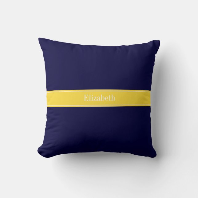 Solid Navy Blue, Pineapple Ribbon Name Monogram Cushion (Front)