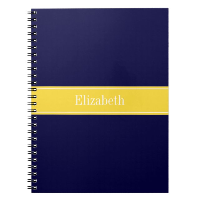 Solid Navy Blue, Pineapple Ribbon Name Monogram Notebook (Front)