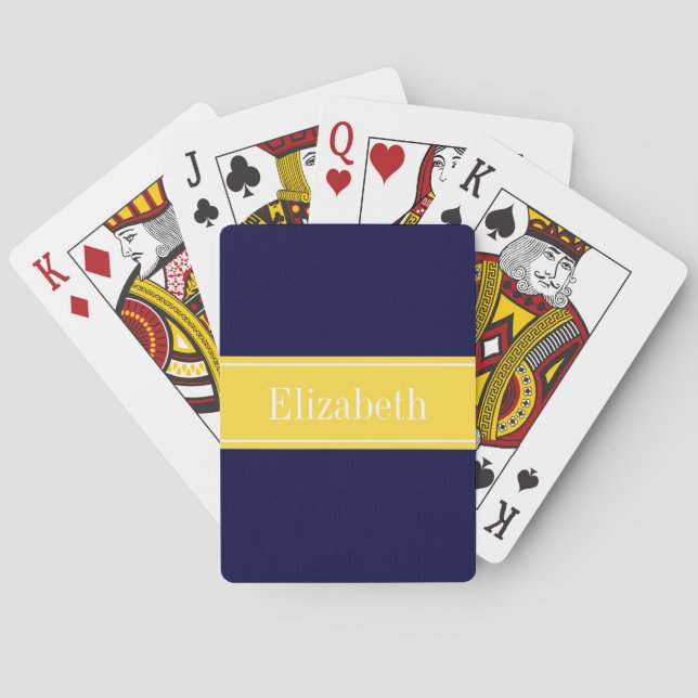Solid Navy Blue, Pineapple Ribbon Name Monogram Playing Cards (Back)