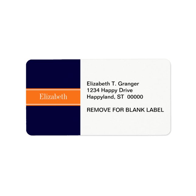 Solid Navy Blue, Pumpkin Ribbon Name Monogram Label (Front)