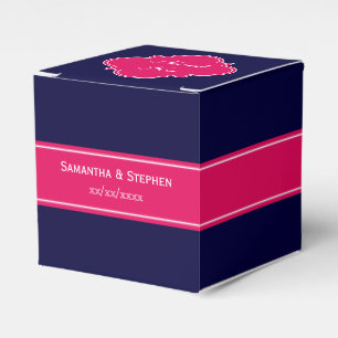 Solid Navy Blue, Raspberry Ribbon Name Monogram Favour Box