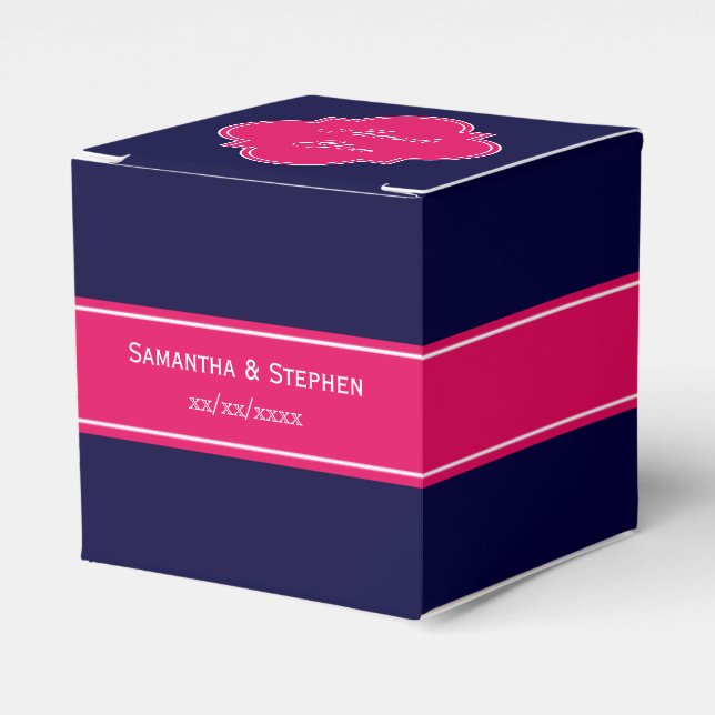Solid Navy Blue, Raspberry Ribbon Name Monogram Favour Box (Front Side)