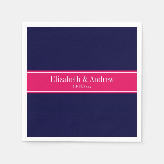 Solid Navy Blue, Raspberry Ribbon Name Monogram Napkin (Front)