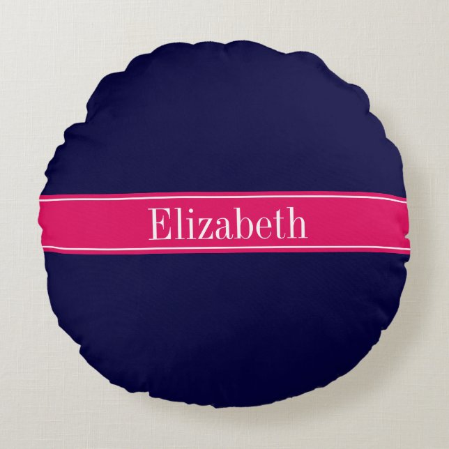 Solid Navy Blue, Raspberry Ribbon Name Monogram Round Cushion (Front)