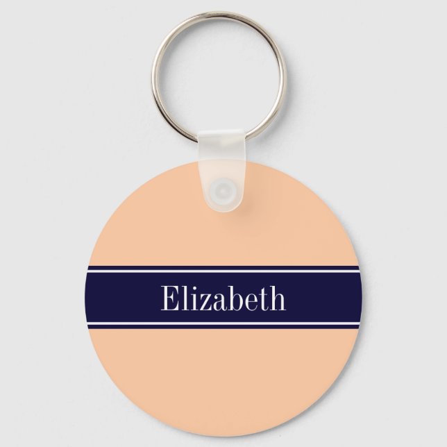 Solid Peach, Navy Blue Ribbon Name Monogram Key Ring (Front)