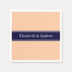 Solid Peach, Navy Blue Ribbon Name Monogram Napkin
