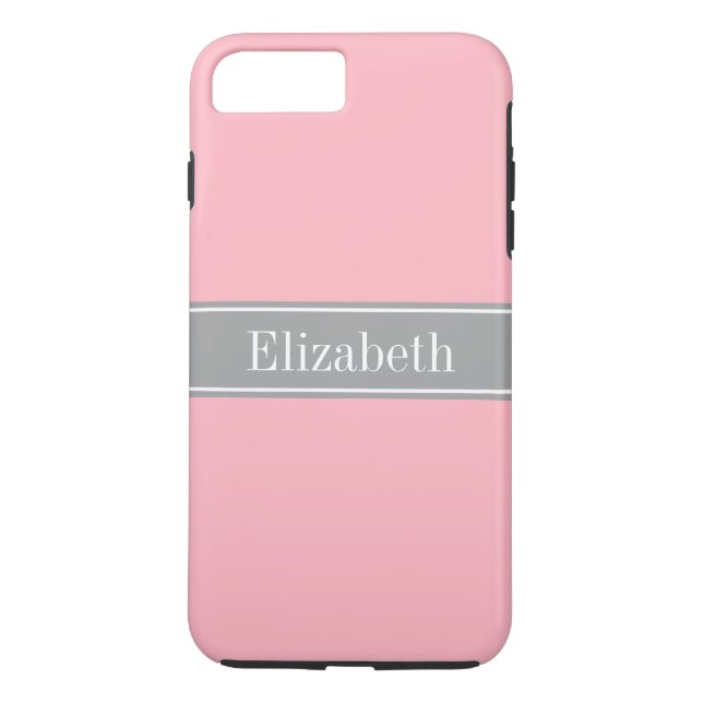 Solid Pink, Dark Grey Ribbon Name Monogram Case-Mate iPhone Case (Back)