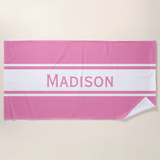 Solid Pink White Stripes Modern Name Beach Towel