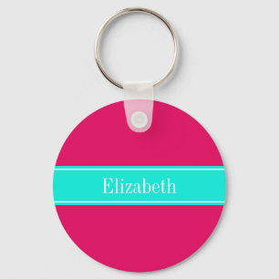 Solid Raspberry, Bright Aqua Ribbon Name Monogram Key Ring