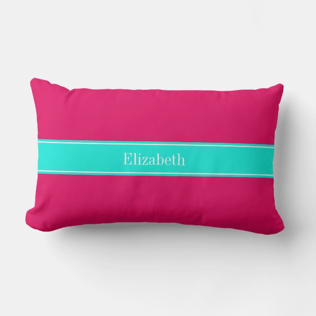 Solid Raspberry, Bright Aqua Ribbon Name Monogram Lumbar Cushion (Front)
